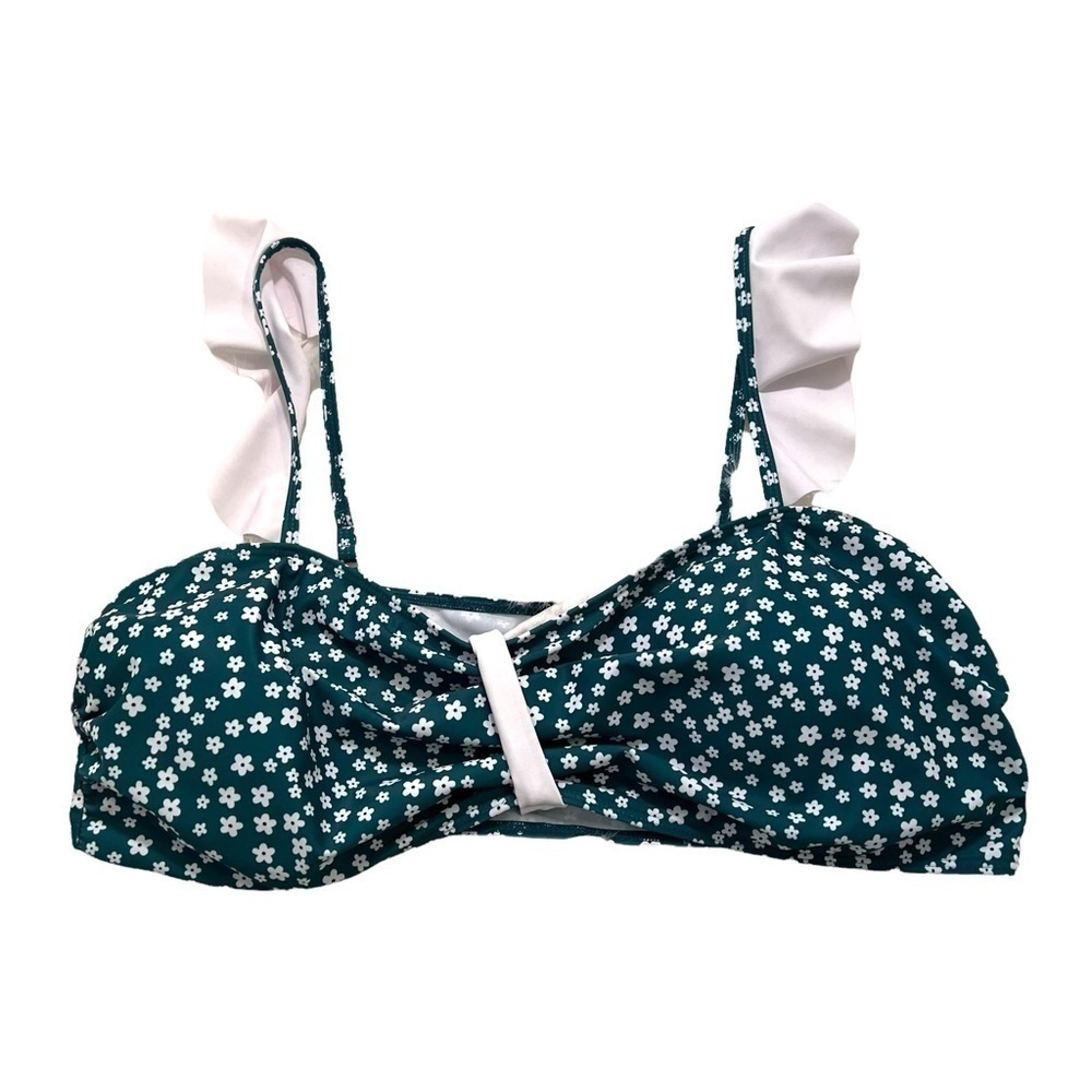 Women's Plus Size 4XL Bikini Top Green White Daisy Floral Ruffle Straps Padded